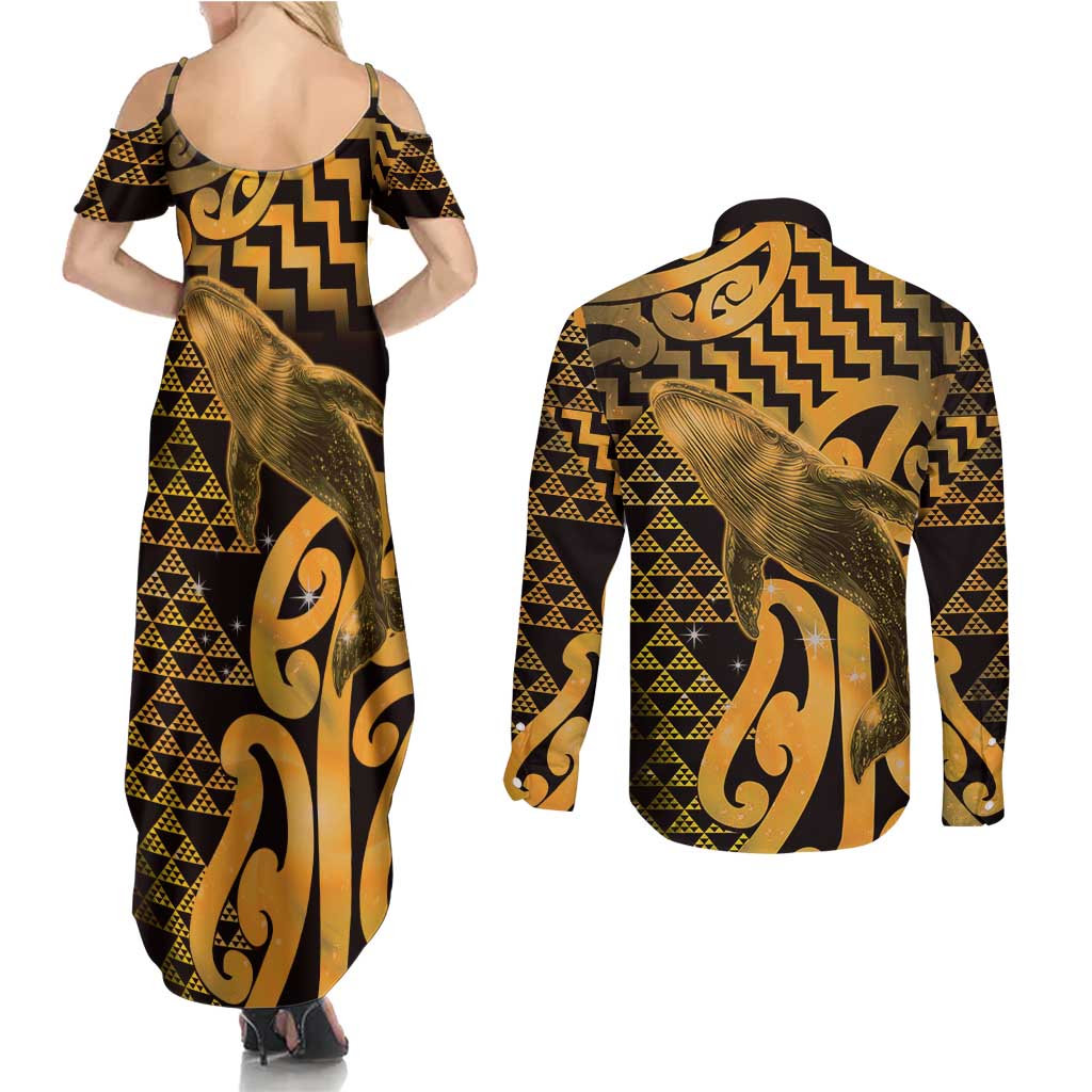 Humpback Whale Matariki New Zealand Couples Matching Summer Maxi Dress and Long Sleeve Button Shirt NZ Maori Paikea Poutama Luxury Gold