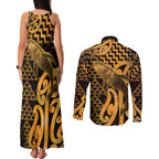 Humpback Whale Matariki New Zealand Couples Matching Tank Maxi Dress and Long Sleeve Button Shirt NZ Maori Paikea Poutama Luxury Gold