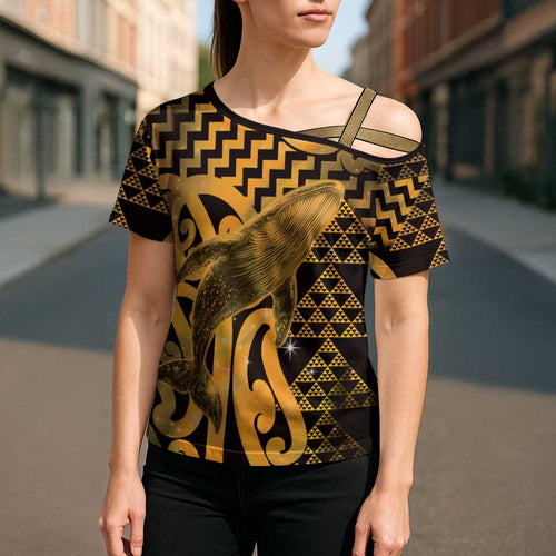 Humpback Whale Matariki New Zealand Cross Shoulder Shirt NZ Maori Paikea Poutama Luxury Gold