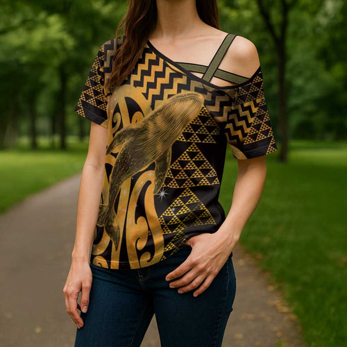 Humpback Whale Matariki New Zealand Cross Shoulder Shirt NZ Maori Paikea Poutama Luxury Gold