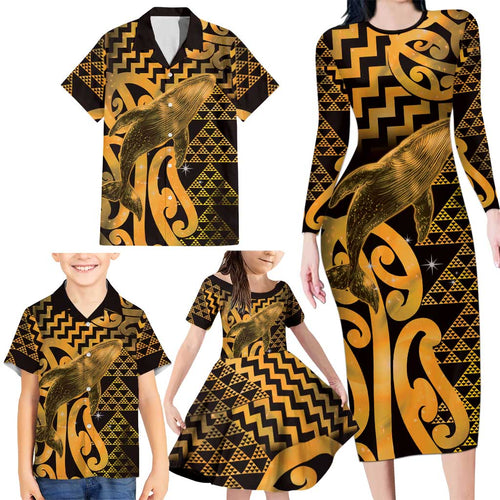 Humpback Whale Matariki New Zealand Family Matching Long Sleeve Bodycon Dress and Hawaiian Shirt NZ Maori Paikea Poutama Luxury Gold