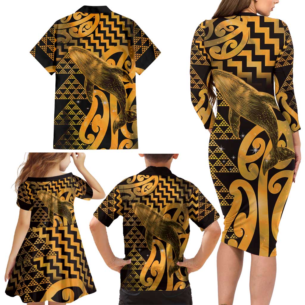Humpback Whale Matariki New Zealand Family Matching Long Sleeve Bodycon Dress and Hawaiian Shirt NZ Maori Paikea Poutama Luxury Gold