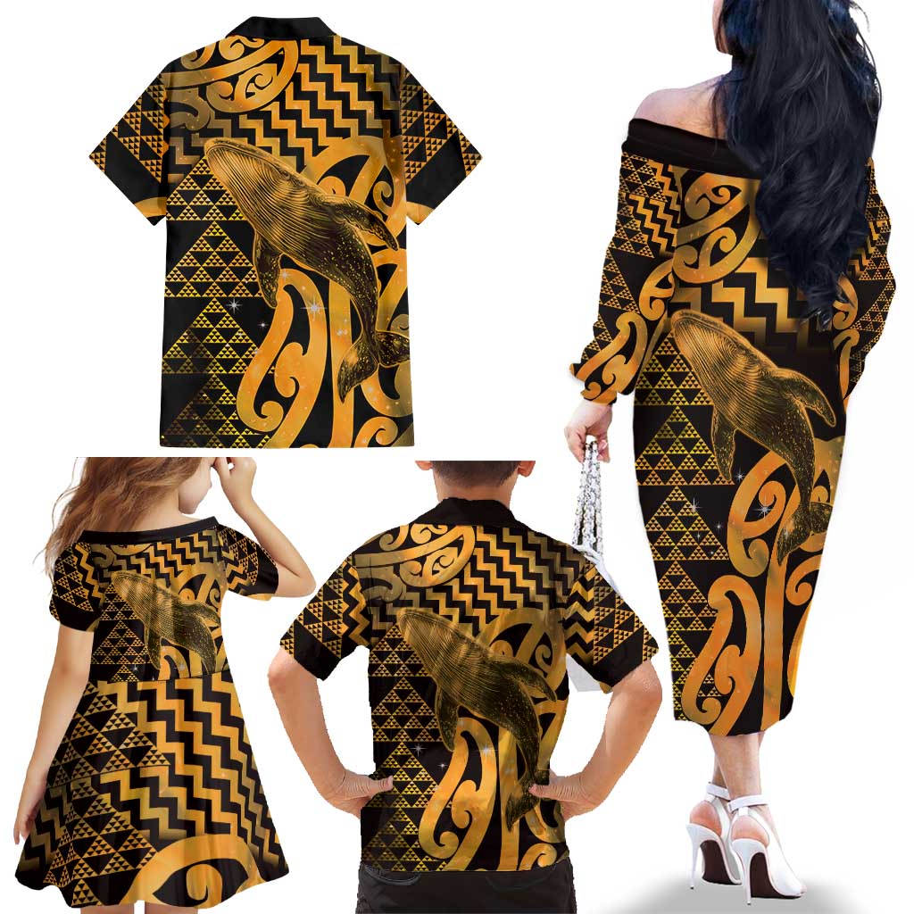 Humpback Whale Matariki New Zealand Family Matching Off The Shoulder Long Sleeve Dress and Hawaiian Shirt NZ Maori Paikea Poutama Luxury Gold