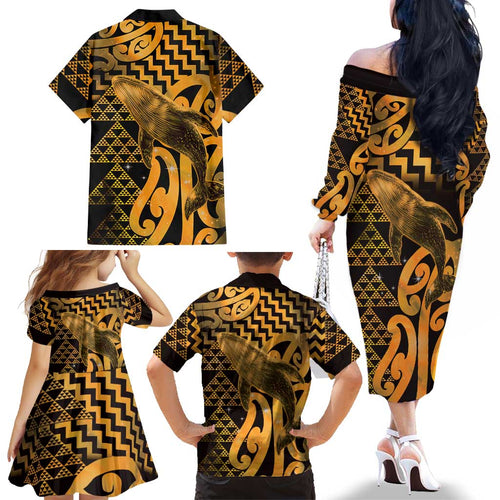 Humpback Whale Matariki New Zealand Family Matching Off The Shoulder Long Sleeve Dress and Hawaiian Shirt NZ Maori Paikea Poutama Luxury Gold