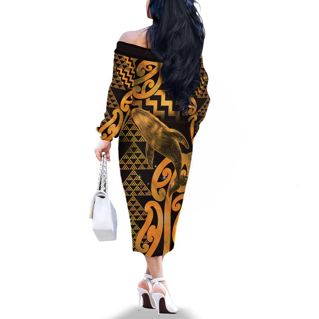 Humpback Whale Matariki New Zealand Family Matching Off The Shoulder Long Sleeve Dress and Hawaiian Shirt NZ Maori Paikea Poutama Luxury Gold