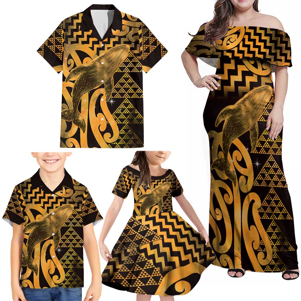 Humpback Whale Matariki New Zealand Family Matching Off Shoulder Maxi Dress and Hawaiian Shirt NZ Maori Paikea Poutama Luxury Gold