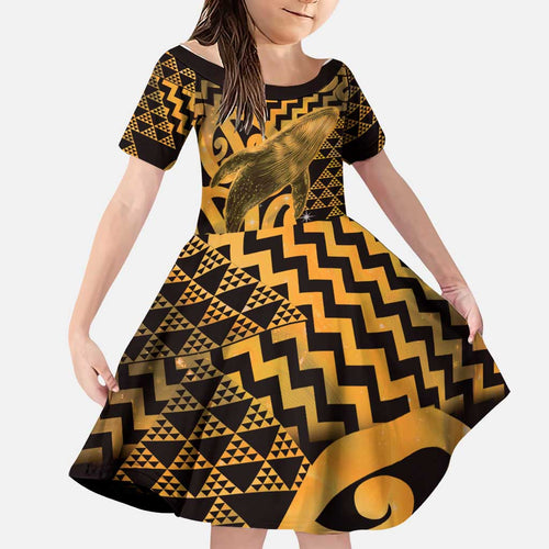Humpback Whale Matariki New Zealand Family Matching Off Shoulder Maxi Dress and Hawaiian Shirt NZ Maori Paikea Poutama Luxury Gold