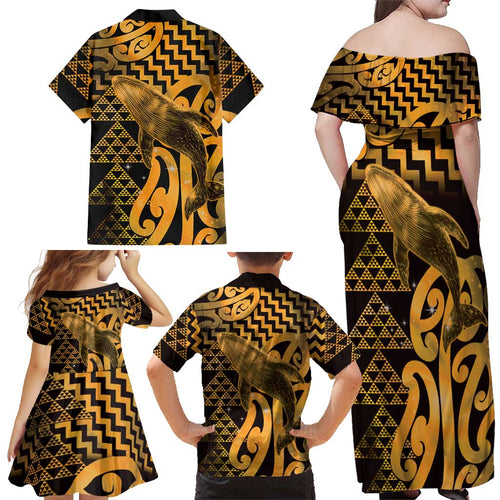 Humpback Whale Matariki New Zealand Family Matching Off Shoulder Maxi Dress and Hawaiian Shirt NZ Maori Paikea Poutama Luxury Gold