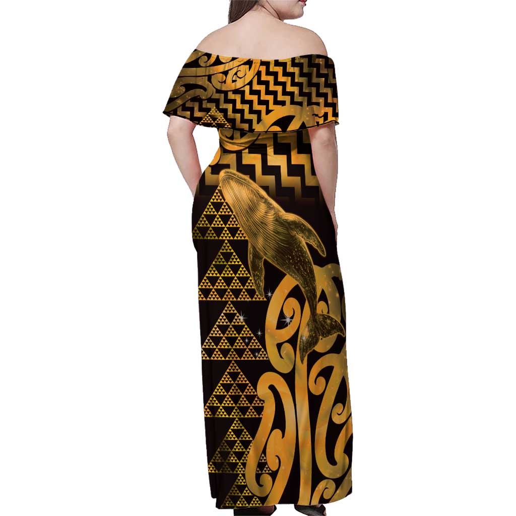 Humpback Whale Matariki New Zealand Family Matching Off Shoulder Maxi Dress and Hawaiian Shirt NZ Maori Paikea Poutama Luxury Gold