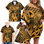 Humpback Whale Matariki New Zealand Family Matching Off Shoulder Short Dress and Hawaiian Shirt NZ Maori Paikea Poutama Luxury Gold