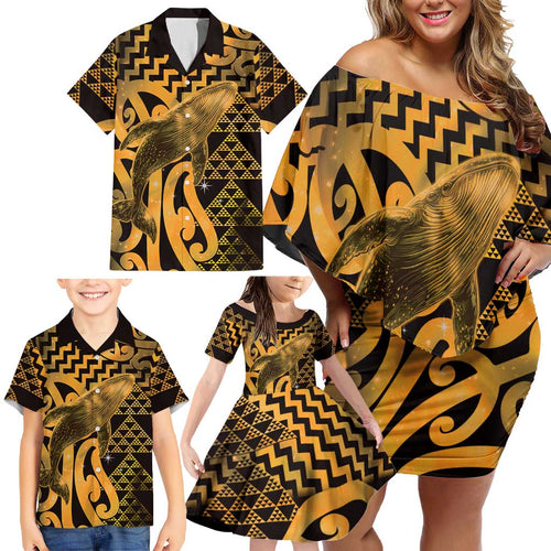 Humpback Whale Matariki New Zealand Family Matching Off Shoulder Short Dress and Hawaiian Shirt NZ Maori Paikea Poutama Luxury Gold