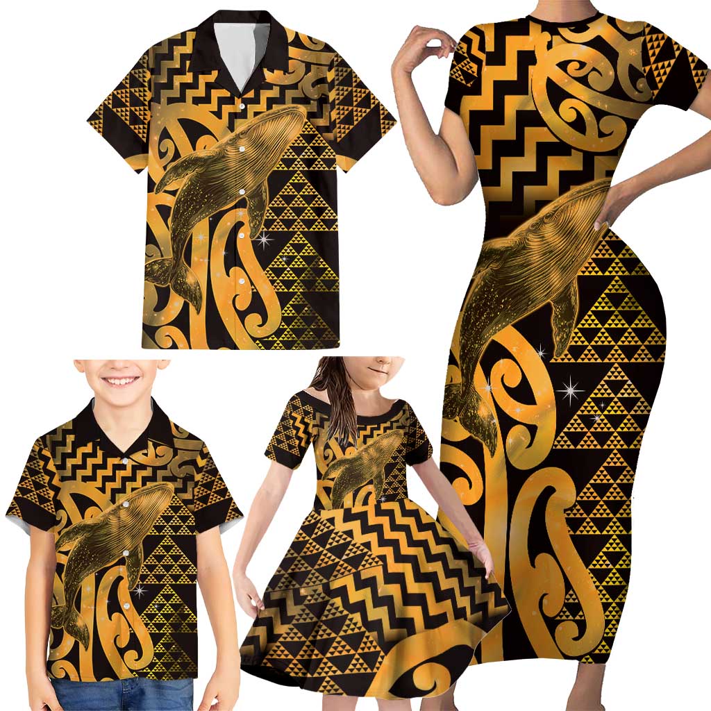 Humpback Whale Matariki New Zealand Family Matching Short Sleeve Bodycon Dress and Hawaiian Shirt NZ Maori Paikea Poutama Luxury Gold