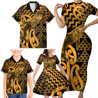 Humpback Whale Matariki New Zealand Family Matching Short Sleeve Bodycon Dress and Hawaiian Shirt NZ Maori Paikea Poutama Luxury Gold