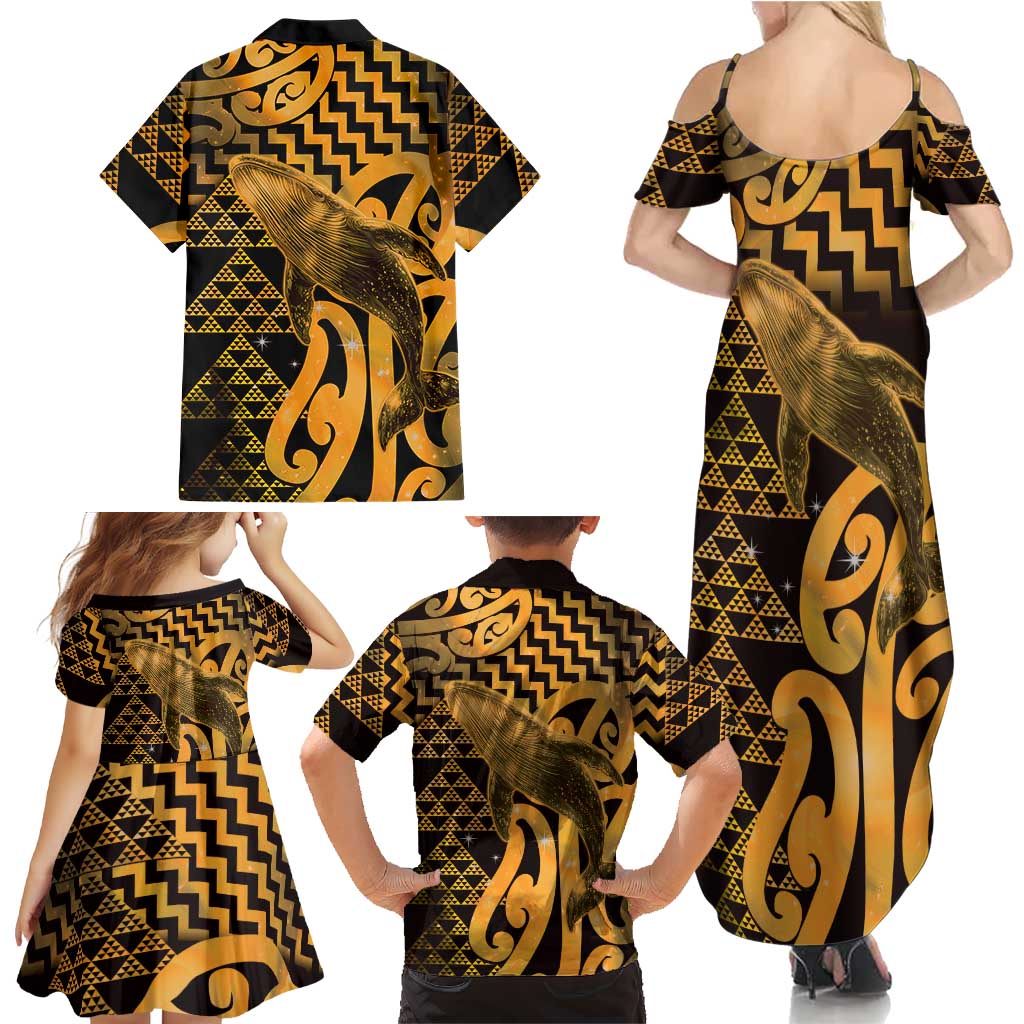 Humpback Whale Matariki New Zealand Family Matching Summer Maxi Dress and Hawaiian Shirt NZ Maori Paikea Poutama Luxury Gold