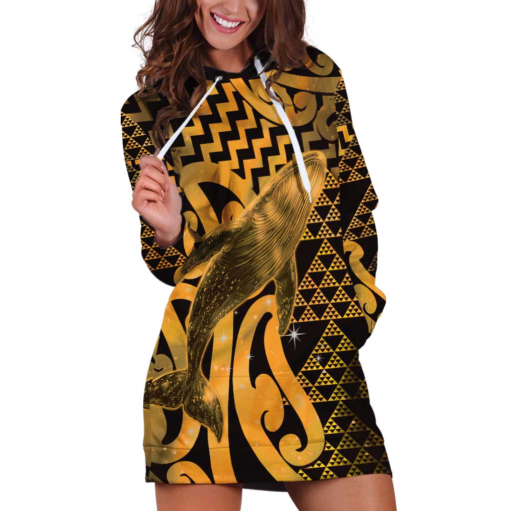 Humpback Whale Matariki New Zealand Hoodie Dress NZ Maori Paikea Poutama Luxury Gold
