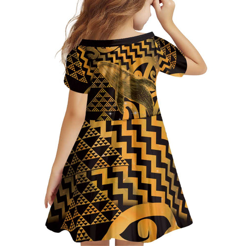 Humpback Whale Matariki New Zealand Kid Short Sleeve Dress NZ Maori Paikea Poutama Luxury Gold