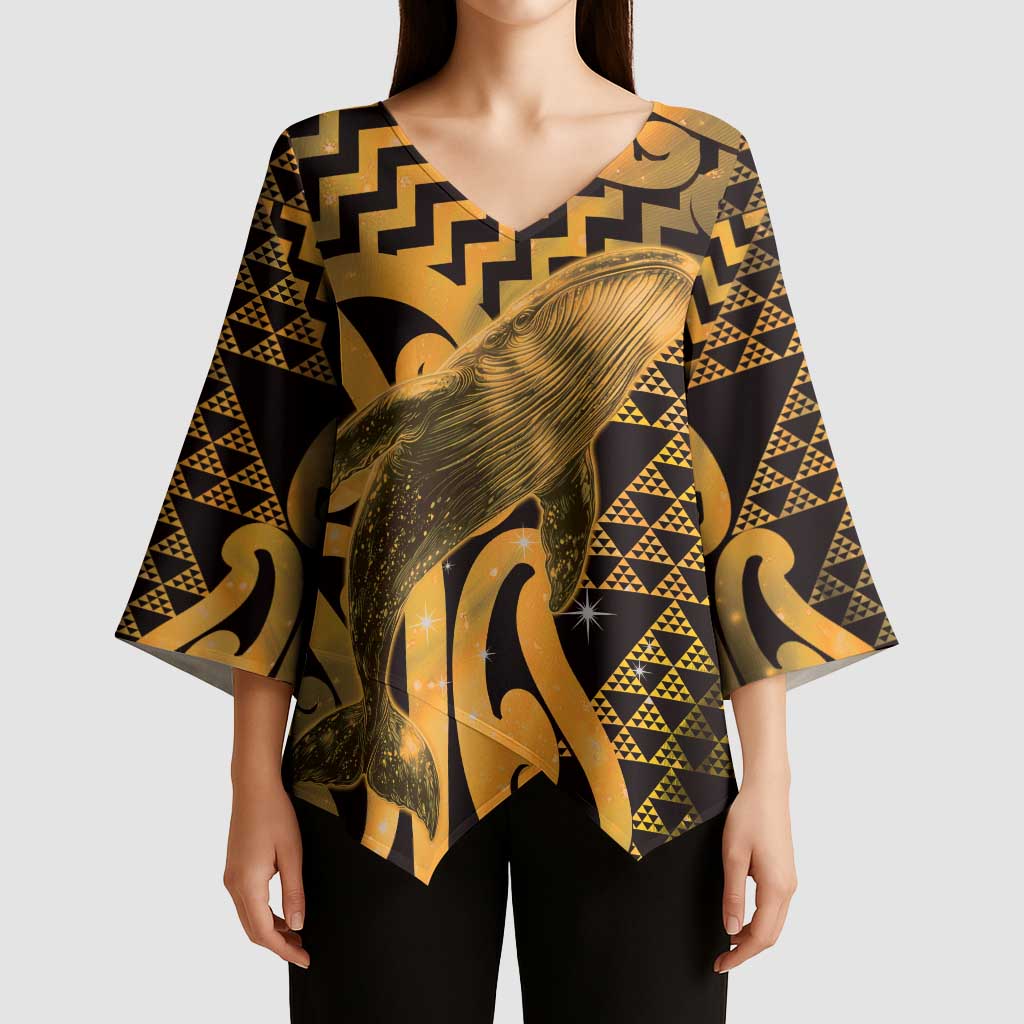 Humpback Whale Matariki New Zealand Kimono Sleeve Blouse NZ Maori Paikea Poutama Luxury Gold