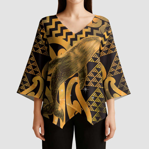 Humpback Whale Matariki New Zealand Kimono Sleeve Blouse NZ Maori Paikea Poutama Luxury Gold