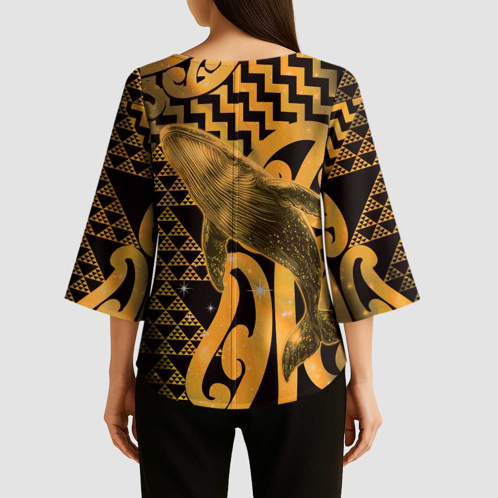 Humpback Whale Matariki New Zealand Kimono Sleeve Blouse NZ Maori Paikea Poutama Luxury Gold
