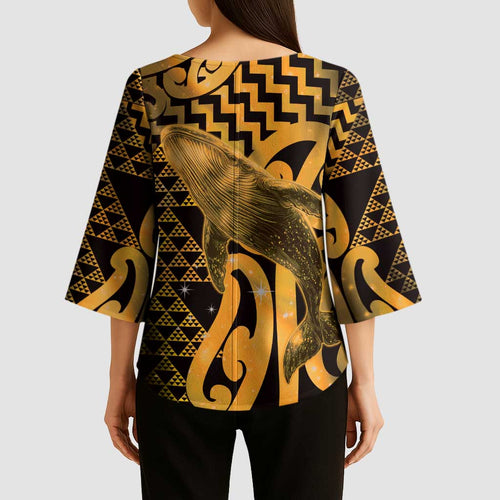 Humpback Whale Matariki New Zealand Kimono Sleeve Blouse NZ Maori Paikea Poutama Luxury Gold
