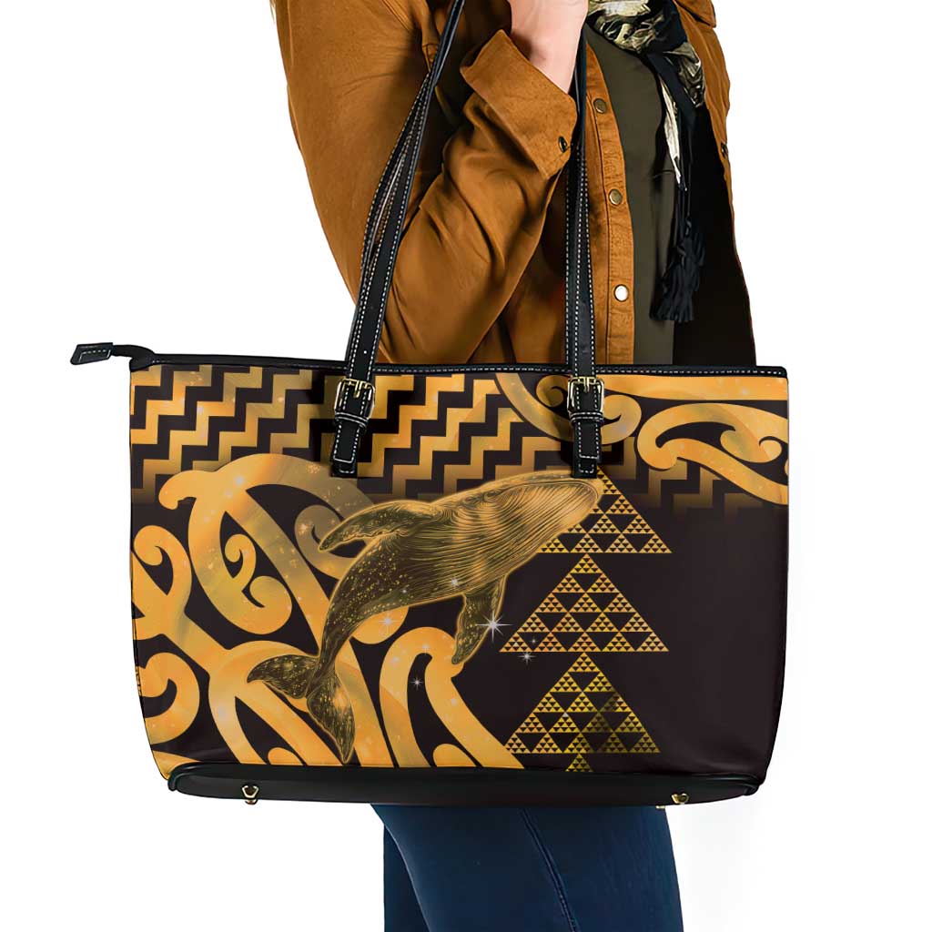 Humpback Whale Matariki New Zealand Leather Tote Bag NZ Maori Paikea Poutama Luxury Gold