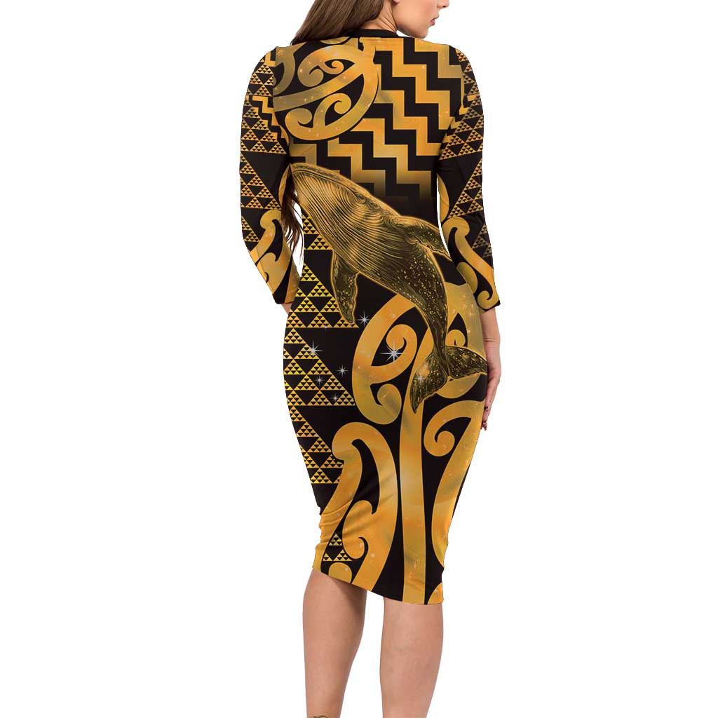 Humpback Whale Matariki New Zealand Long Sleeve Bodycon Dress NZ Maori Paikea Poutama Luxury Gold