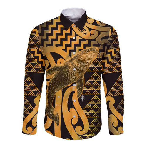 Humpback Whale Matariki New Zealand Long Sleeve Button Shirt NZ Maori Paikea Poutama Luxury Gold