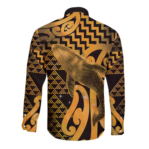 Humpback Whale Matariki New Zealand Long Sleeve Button Shirt NZ Maori Paikea Poutama Luxury Gold