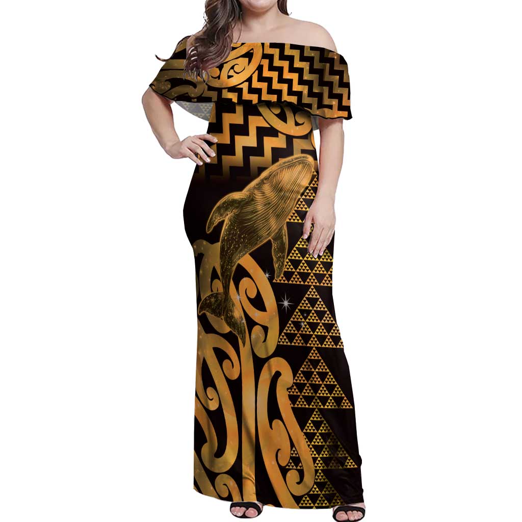 Humpback Whale Matariki New Zealand Off Shoulder Maxi Dress NZ Maori Paikea Poutama Luxury Gold