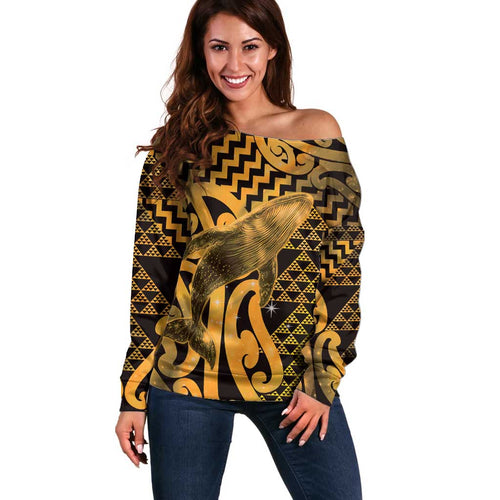 Humpback Whale Matariki New Zealand Off Shoulder Sweater NZ Maori Paikea Poutama Luxury Gold