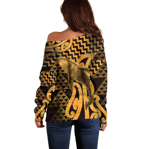 Humpback Whale Matariki New Zealand Off Shoulder Sweater NZ Maori Paikea Poutama Luxury Gold