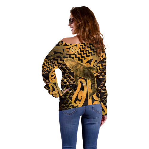 Humpback Whale Matariki New Zealand Off Shoulder Sweater NZ Maori Paikea Poutama Luxury Gold