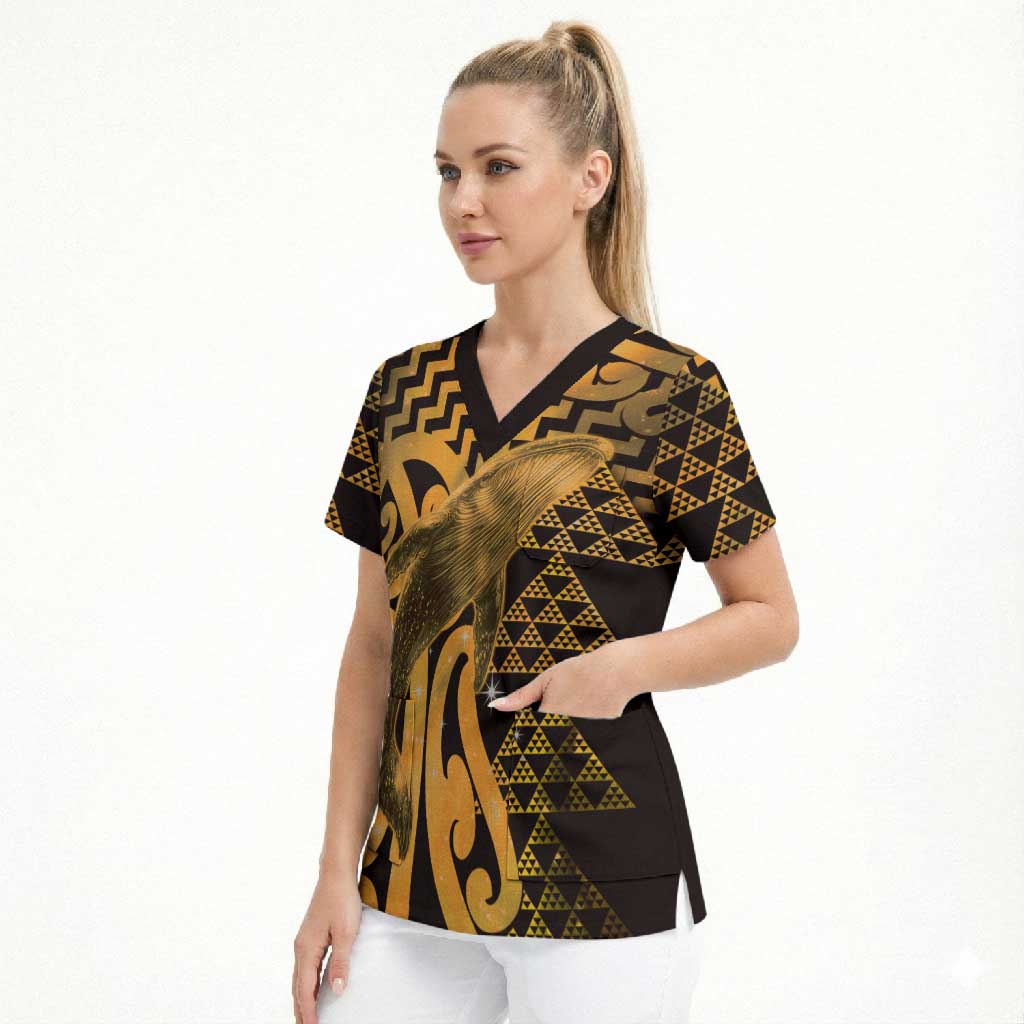 Humpback Whale Matariki New Zealand Scrub Top NZ Maori Paikea Poutama Luxury Gold
