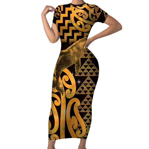 Humpback Whale Matariki New Zealand Short Sleeve Bodycon Dress NZ Maori Paikea Poutama Luxury Gold