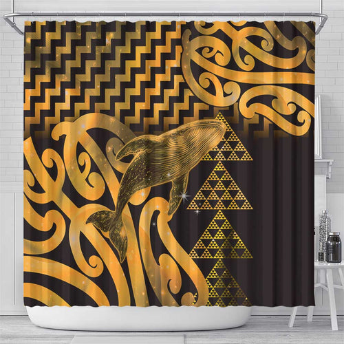 Humpback Whale Matariki New Zealand Shower Curtain NZ Maori Paikea Poutama Luxury Gold