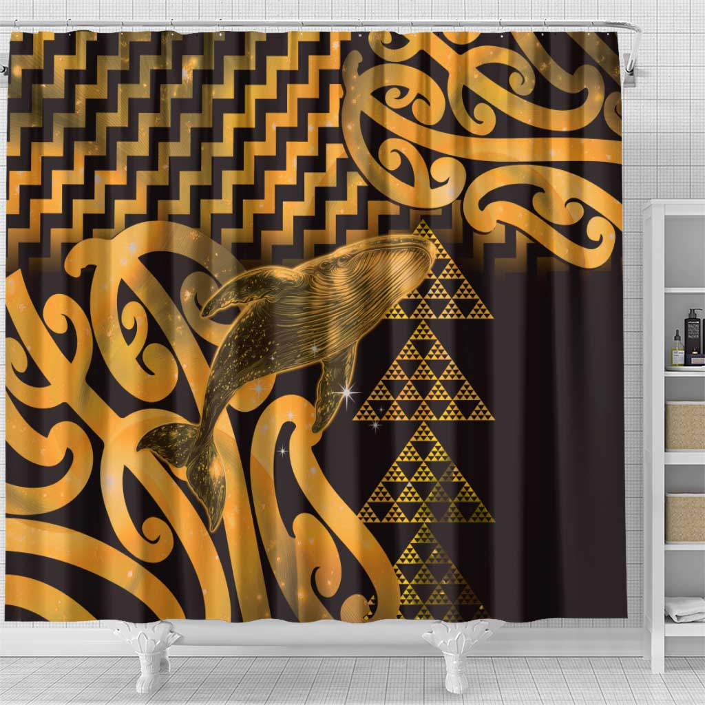 Humpback Whale Matariki New Zealand Shower Curtain NZ Maori Paikea Poutama Luxury Gold