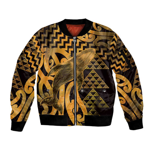 Humpback Whale Matariki New Zealand Sleeve Zip Bomber Jacket NZ Maori Paikea Poutama Luxury Gold