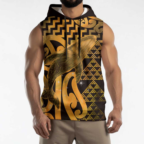 Humpback Whale Matariki New Zealand Sleeveless Hoodie NZ Maori Paikea Poutama Luxury Gold