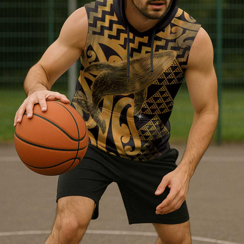 Humpback Whale Matariki New Zealand Sleeveless Hoodie NZ Maori Paikea Poutama Luxury Gold