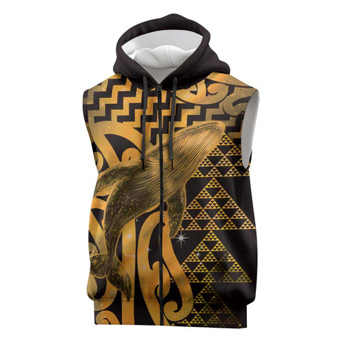 Humpback Whale Matariki New Zealand Sleeveless Zip Hoodie NZ Maori Paikea Poutama Luxury Gold