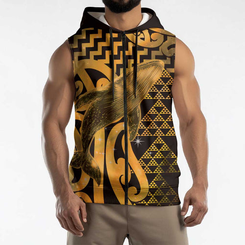 Humpback Whale Matariki New Zealand Sleeveless Zip Hoodie NZ Maori Paikea Poutama Luxury Gold