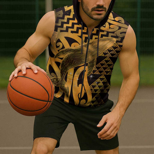 Humpback Whale Matariki New Zealand Sleeveless Zip Hoodie NZ Maori Paikea Poutama Luxury Gold