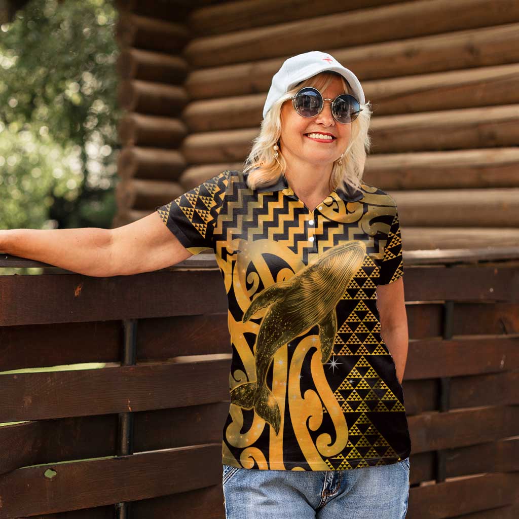 Humpback Whale Matariki New Zealand Women Polo Shirt NZ Maori Paikea Poutama Luxury Gold