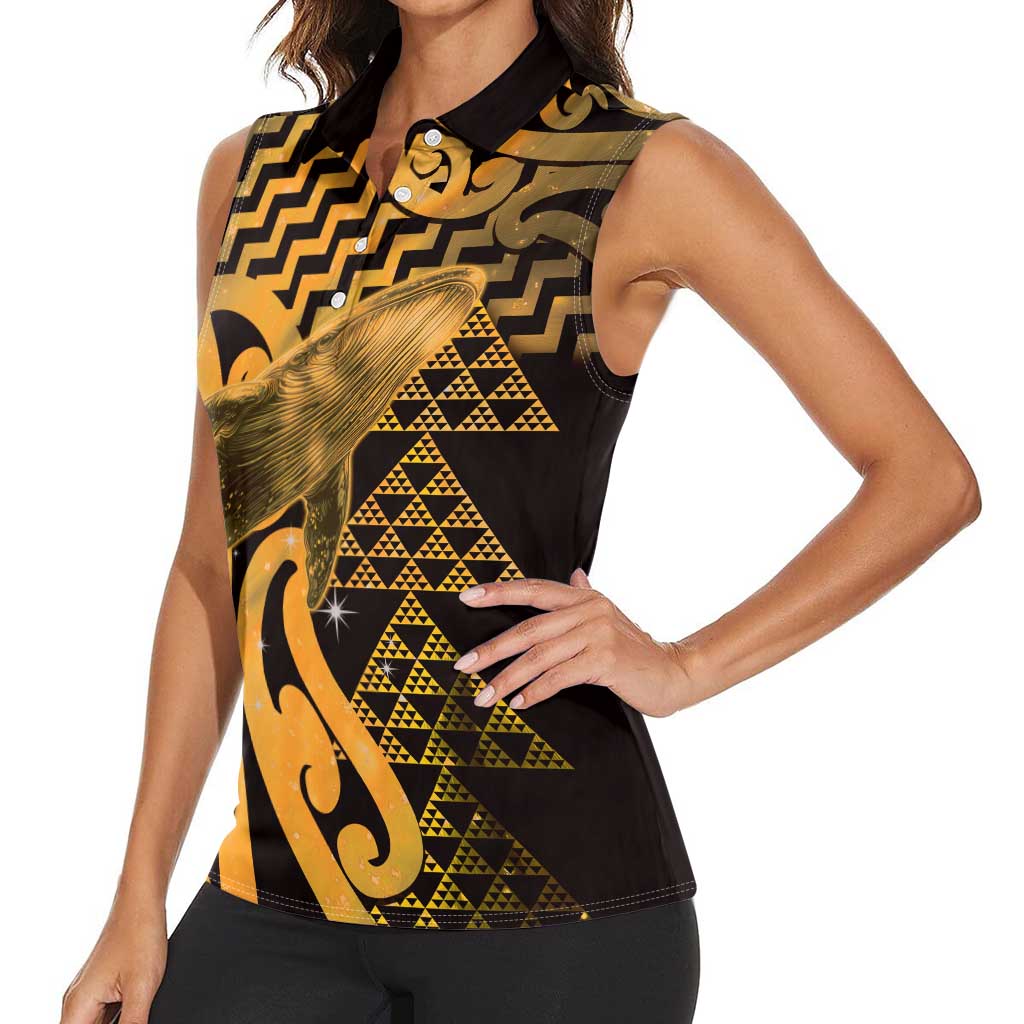 Humpback Whale Matariki New Zealand Women Sleeveless Polo Shirt NZ Maori Paikea Poutama Luxury Gold