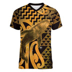 Humpback Whale Matariki New Zealand Women V-Neck T-Shirt NZ Maori Paikea Poutama Luxury Gold