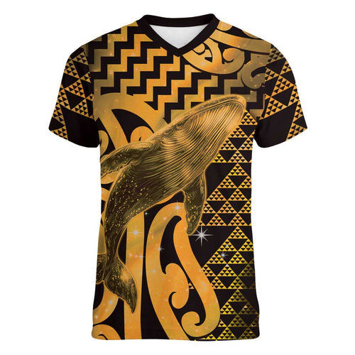 Humpback Whale Matariki New Zealand Women V-Neck T-Shirt NZ Maori Paikea Poutama Luxury Gold