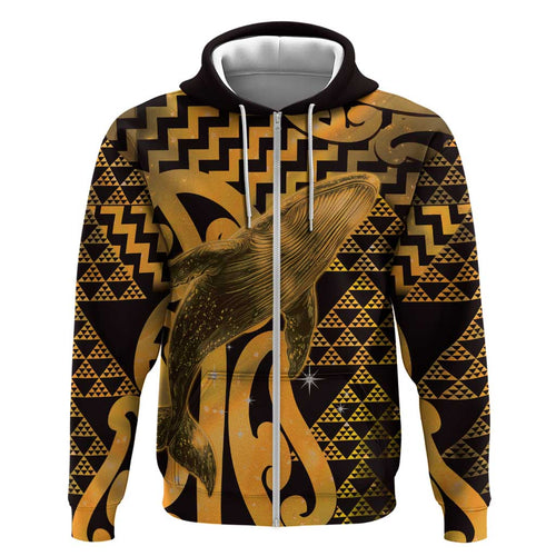 Humpback Whale Matariki New Zealand Zip Hoodie NZ Maori Paikea Poutama Luxury Gold
