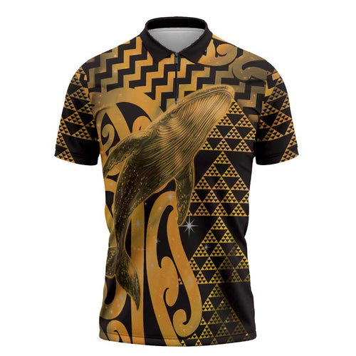 Humpback Whale Matariki New Zealand Zipper Polo Shirt NZ Maori Paikea Poutama Luxury Gold