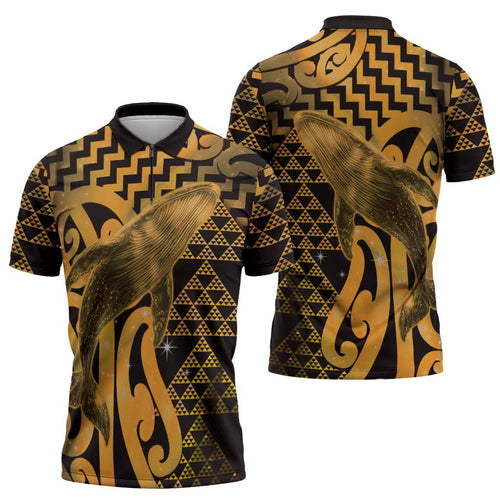 Humpback Whale Matariki New Zealand Zipper Polo Shirt NZ Maori Paikea Poutama Luxury Gold