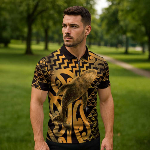 Humpback Whale Matariki New Zealand Zipper Polo Shirt NZ Maori Paikea Poutama Luxury Gold